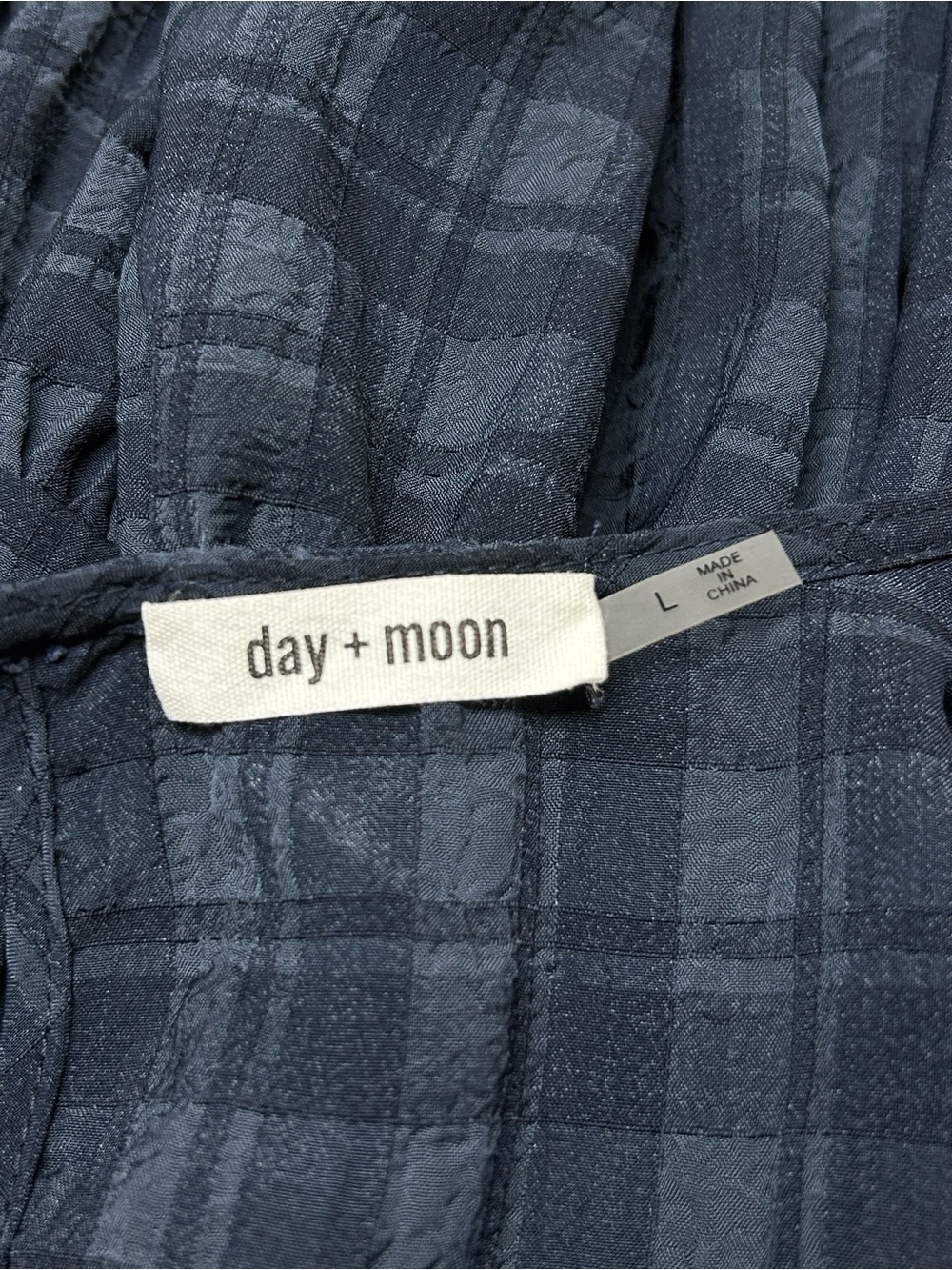 Day + Moon Navy Blue Plaid Babydoll Mini Dress Size Large Boho Puff Sleeve - Picture 3 of 6